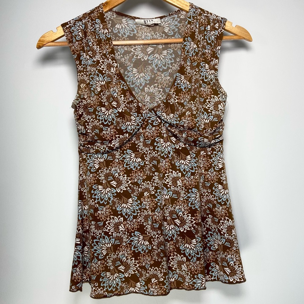 Vintage Brown Blue Floral Babydoll Top Y2K V-Neck Fairy Forest Cottagecore M